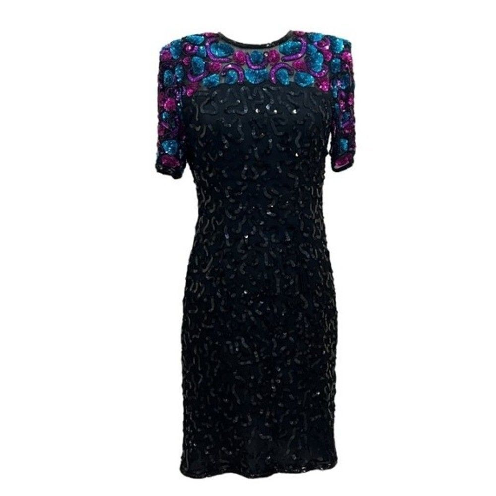 Stenay Vintage Black Silk Teal Purple Pink Sequin Dress Size 6